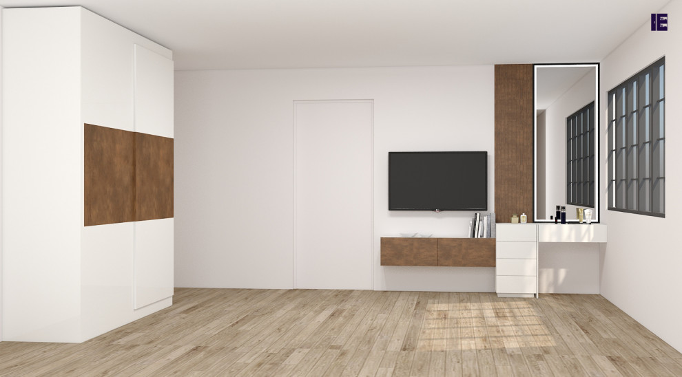 Inspiration for a small modern dressing room in London with flat-panel cabinets, white cabinets, plywood floors and wood.