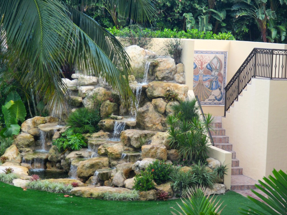Large rock waterfall South Florida Estate - Tropical - Landscape