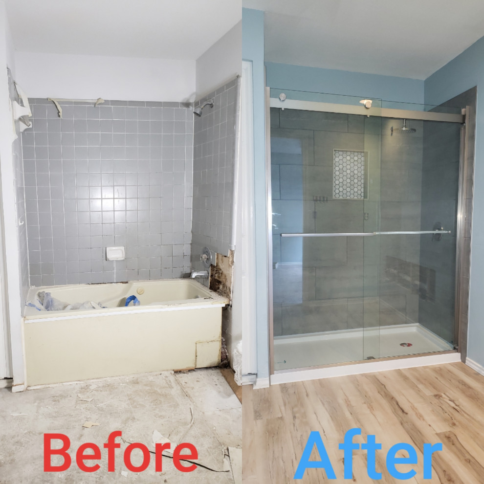 This is an example of a mid-sized contemporary bathroom in Austin with an alcove shower, gray tile, ceramic tile, light hardwood floors and a sliding shower screen.