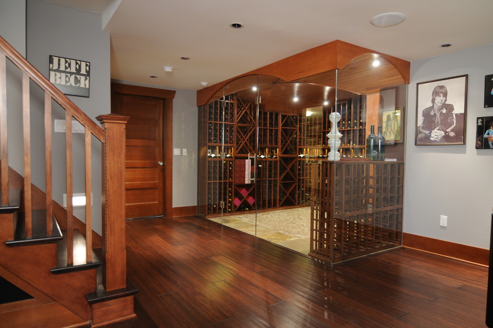 Inspiration for a contemporary wine cellar in Seattle with storage racks.