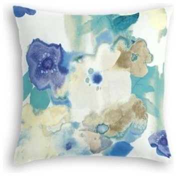 Blue and Aqua Watercolor Floral Pillow, 14'' Square