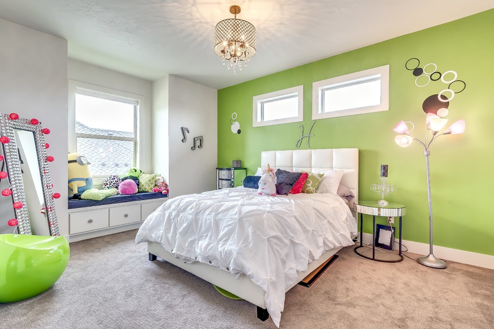 Design ideas for a contemporary kids' room for girls in Boise with carpet and multi-coloured walls.