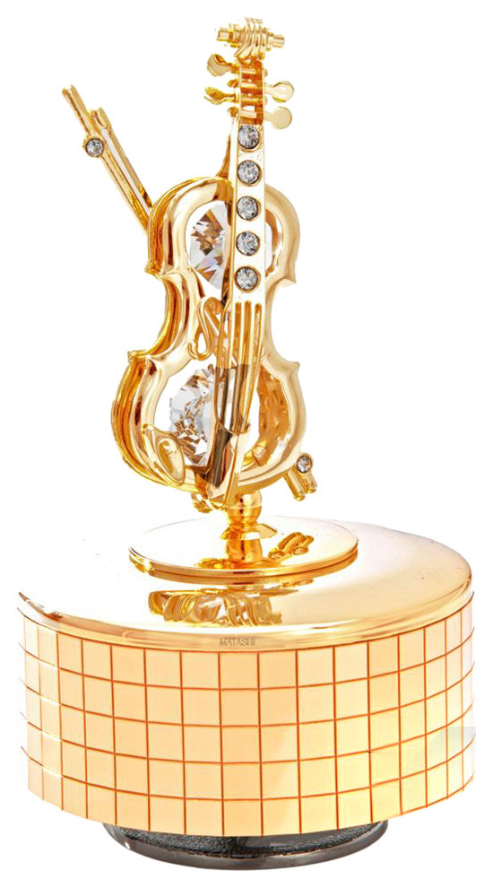 24K Gold Plated Wind Up Music Box With Crystal Studded Violin And Bow Figurine