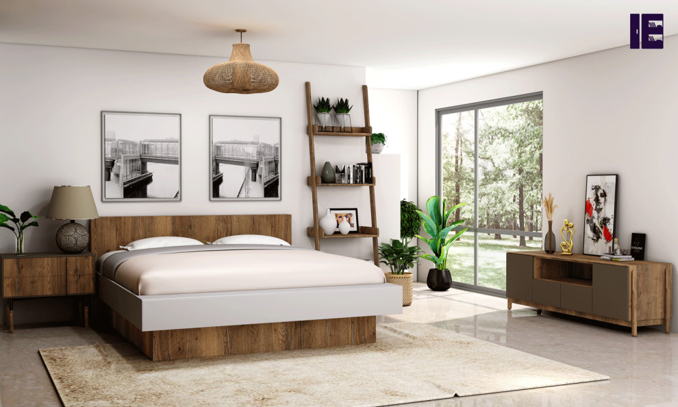 Design ideas for a large contemporary bedroom in London with feature lighting.