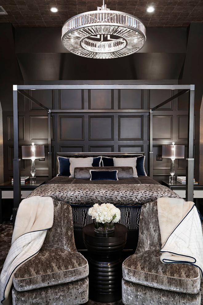 Inspiration for an expansive contemporary master bedroom in New York with brown walls and dark hardwood floors.