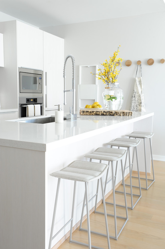 Scandinavian eat-in kitchen in Vancouver with with island, an undermount sink, flat-panel cabinets, white cabinets, stainless steel appliances and light hardwood floors.