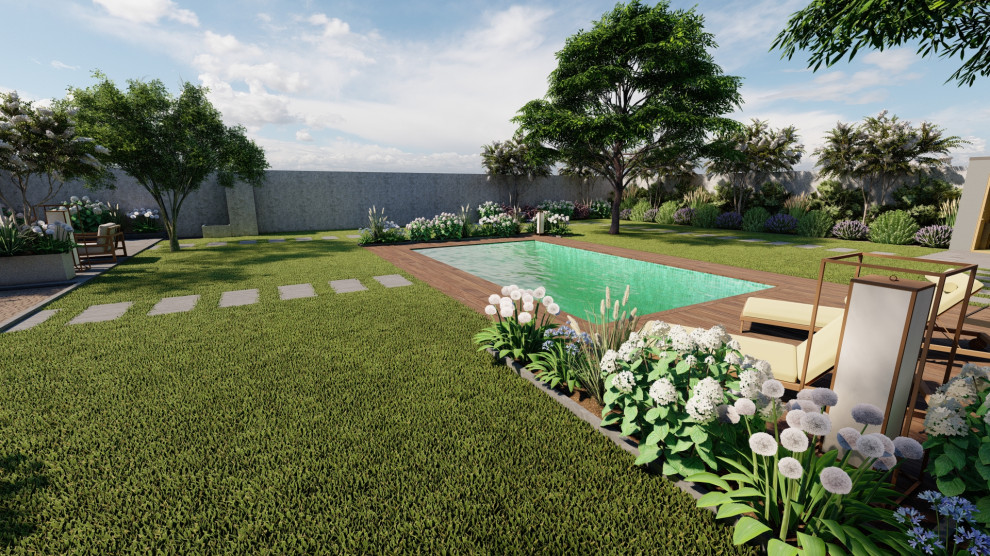 Ispirazione per un grande giardino formale minimalista esposto a mezz'ombra davanti casa in estate con gazebo, pavimentazioni in pietra naturale e recinzione in pietra