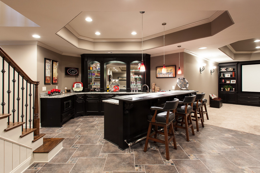 Design ideas for a mid-sized traditional u-shaped seated home bar in Atlanta with raised-panel cabinets, black cabinets, granite benchtops and ceramic floors.