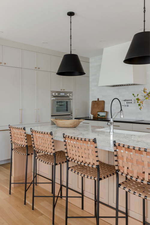 Marble Elegance: Light Gray Modern Farmhouse Kitchen Cabinets with Subway Tile Backsplash