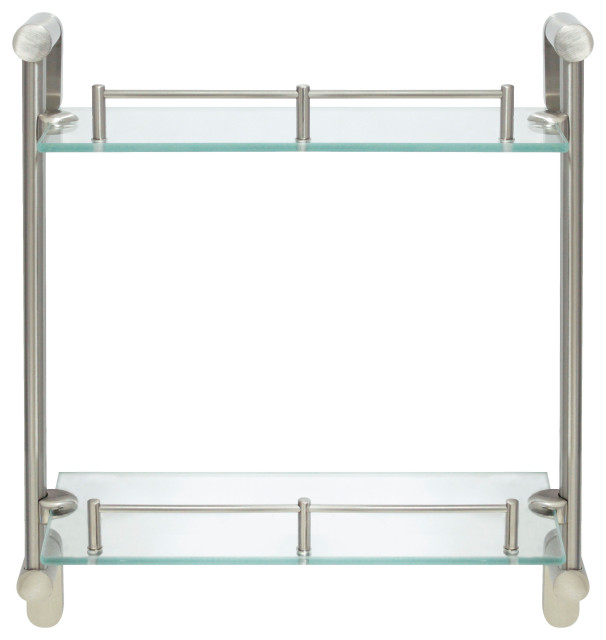 MODONA's 14.75" Double Glass Wall Shelf With Rail, Satin Nickel