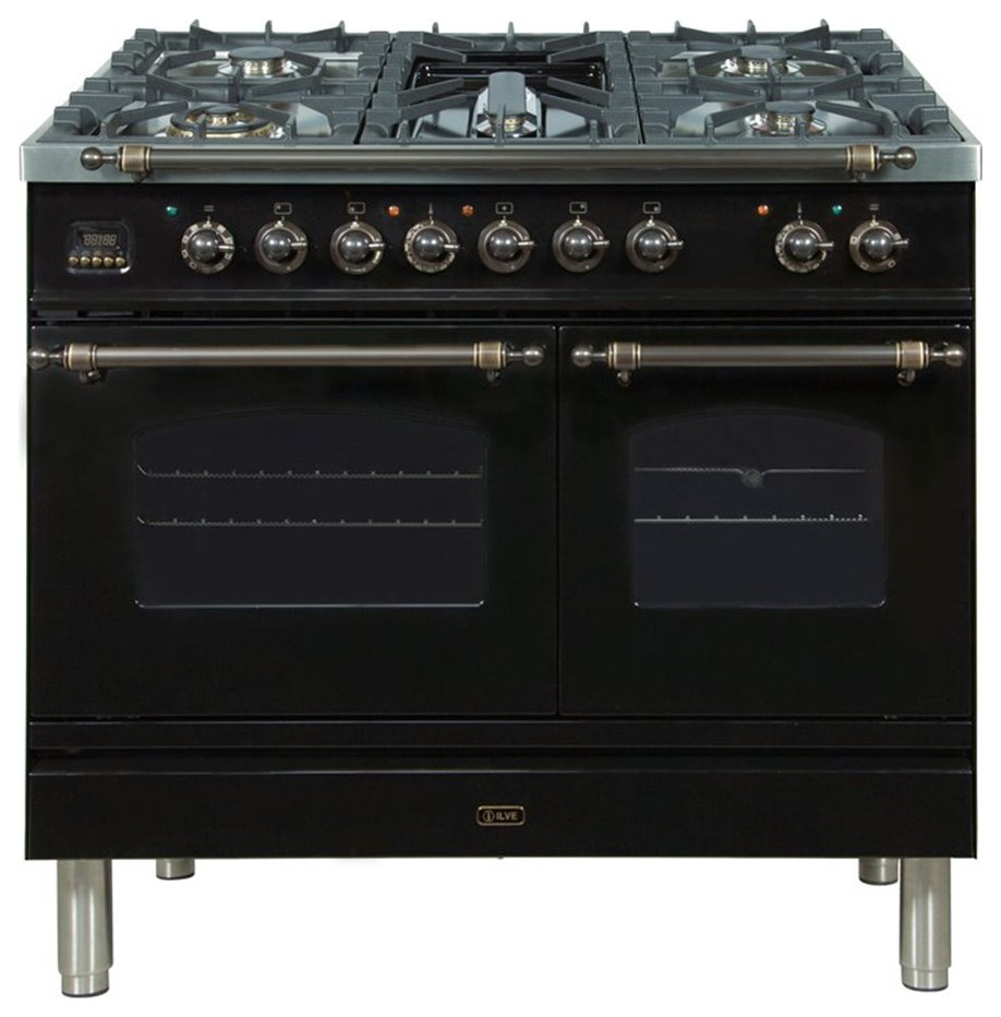 ILVE Nostalgie 40" NG Metal Double Oven Dual Fuel Range in Glossy Black