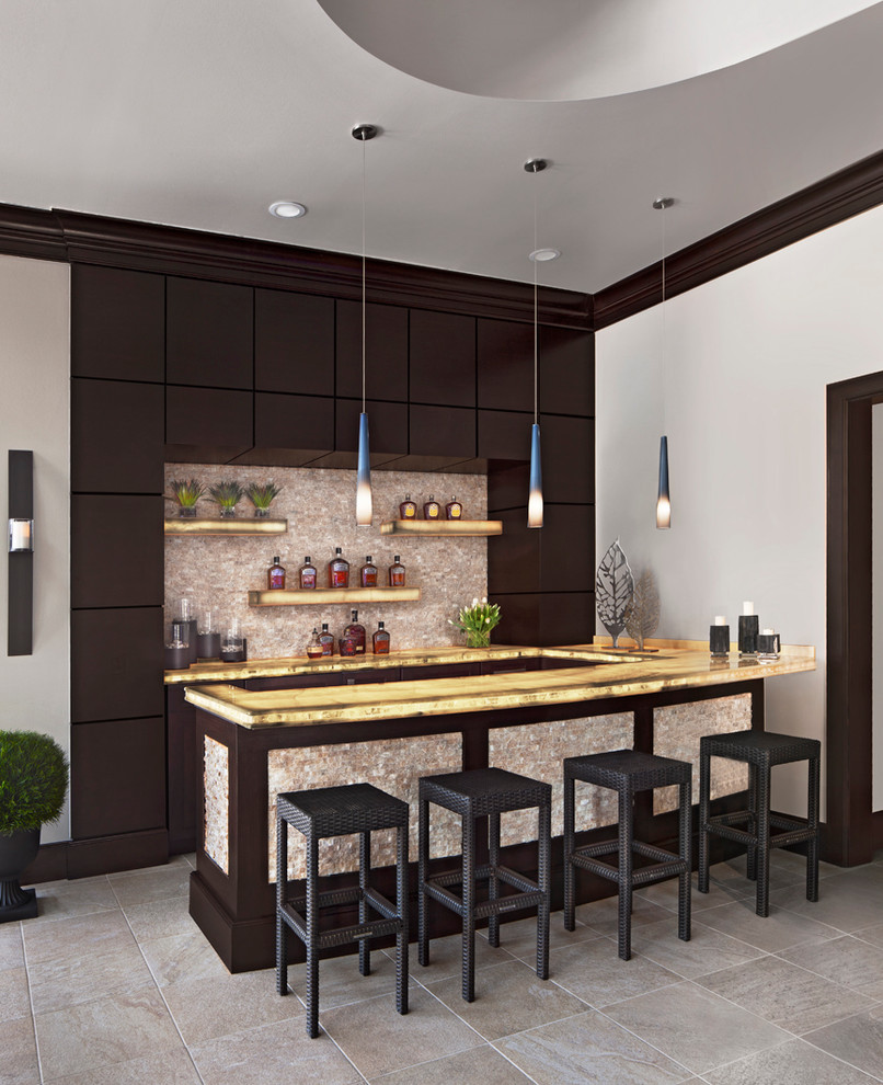 Photo of a contemporary u-shaped seated home bar in Detroit with open cabinets, multi-coloured splashback and mosaic tile splashback.