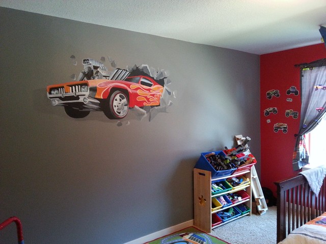 Four-year-old boy's bedroom ural of Hot Wheels car crashing through the  wall. - Kids - Portland - by Melissa J Barrett | Houzz