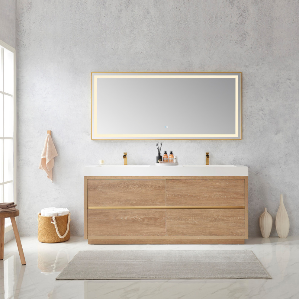 Foto di una stanza da bagno padronale minimalista con ante lisce, ante in legno chiaro, lavabo integrato, top bianco, due lavabi e mobile bagno freestanding