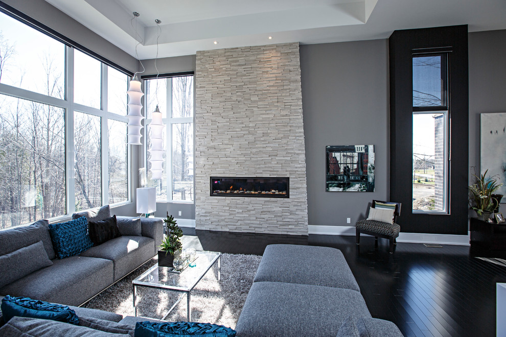 Contemporary living room in Ottawa with grey walls, dark hardwood floors, a ribbon fireplace and a stone fireplace surround.