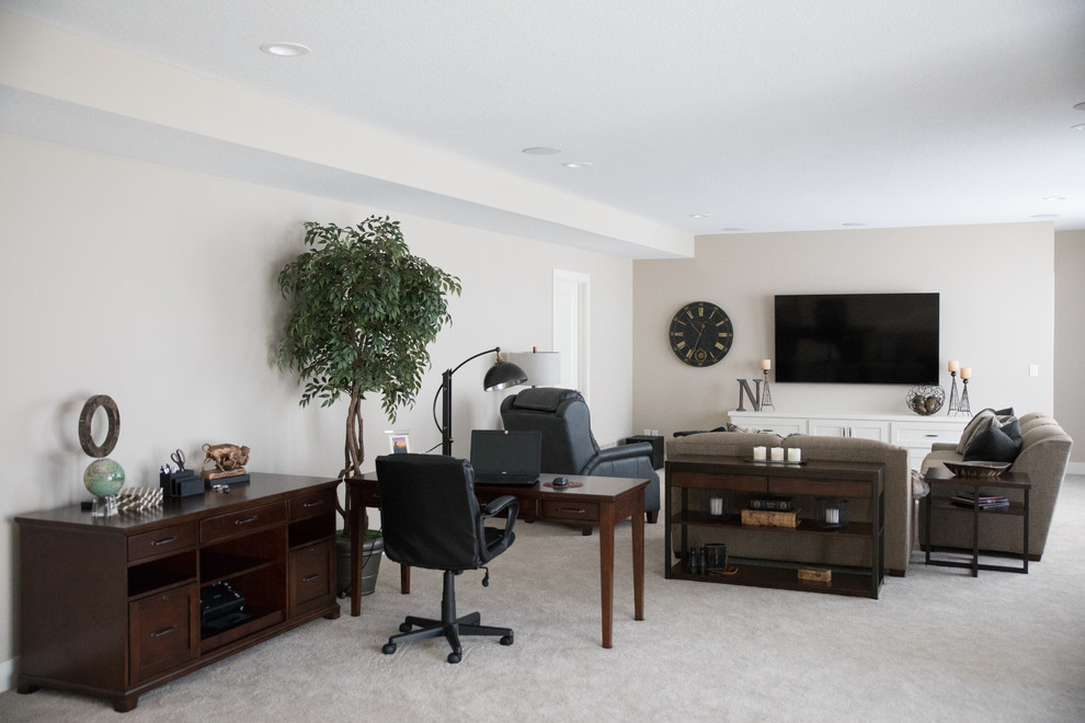 Mid-sized transitional open concept family room in Other with beige walls, carpet, a wall-mounted tv and beige floor.