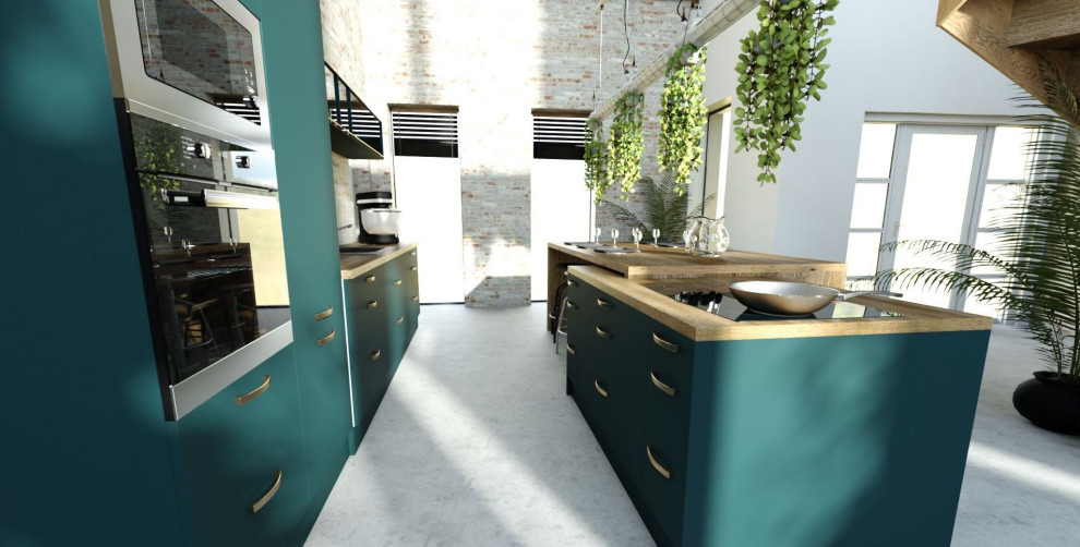 Inspiration for a large transitional galley eat-in kitchen in Other with an integrated sink, beaded inset cabinets, green cabinets, wood benchtops, grey splashback, metal splashback, panelled appliances, concrete floors, with island, grey floor and brown benchtop.