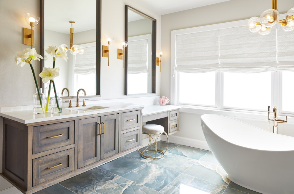 This is an example of a large transitional master bathroom in Other with recessed-panel cabinets and a floating vanity.
