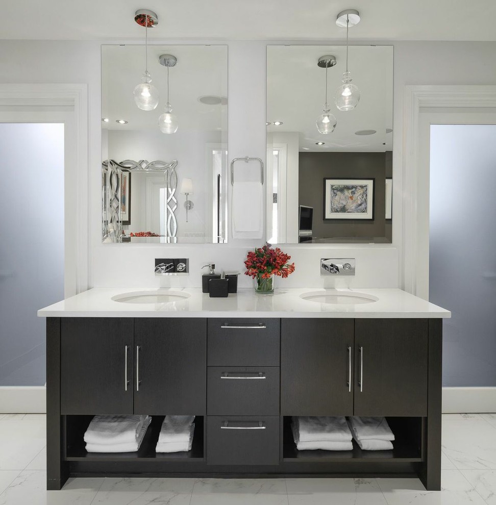 Design ideas for a large contemporary master bathroom in Ottawa with an undermount sink, flat-panel cabinets, dark wood cabinets, white tile, white walls, marble benchtops, marble floors and white floor.