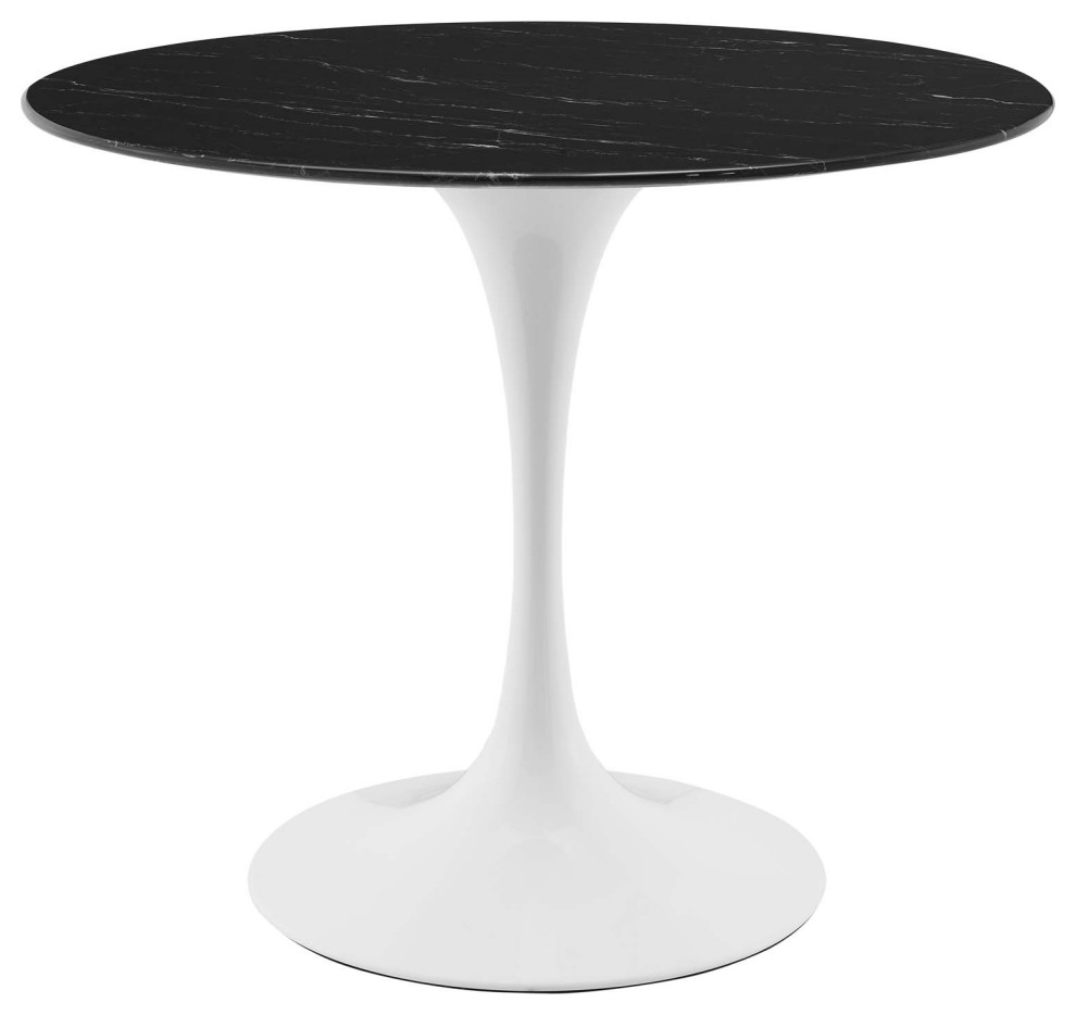 36" Dining Table, Round, Black White, Artificial Marble, Metal, Modern