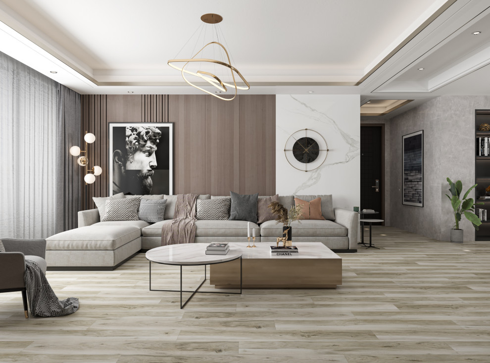 Idée de décoration pour un salon minimaliste ouvert avec un mur gris, un sol en vinyl, aucune cheminée, aucun téléviseur, un sol gris, un plafond décaissé et du papier peint.