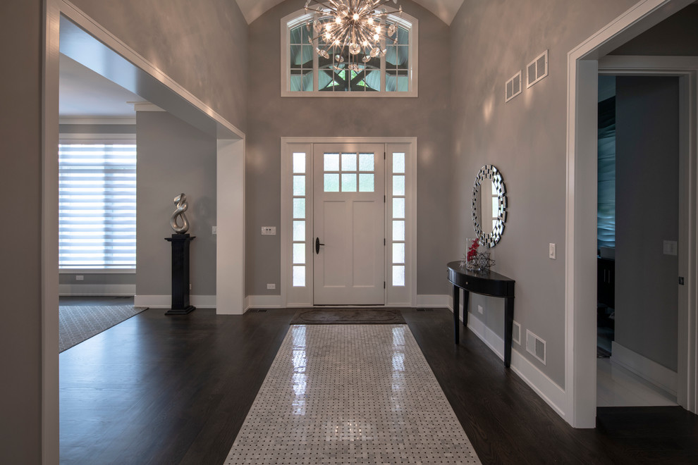 Inspiration for a southwestern dark wood floor, brown floor and vaulted ceiling entryway remodel in Chicago with gray walls and a white front door