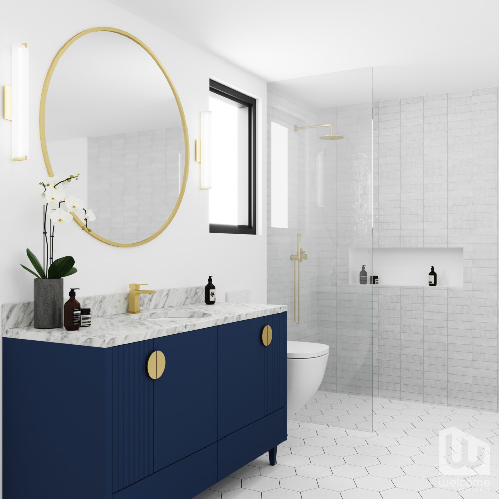 Photo of a medium sized retro shower room bathroom in Los Angeles with flat-panel cabinets, blue cabinets, a built-in shower, a wall mounted toilet, white tiles, metro tiles, white walls, ceramic flooring, a submerged sink, marble worktops, white floors, an open shower, white worktops, a wall niche, a single sink and a freestanding vanity unit.