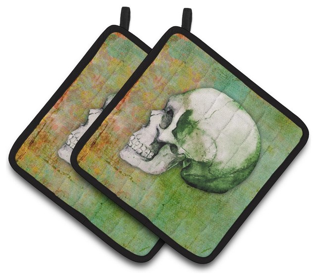 Day Of The Dead Green Skull Pair Of Pot Holders Contemporary