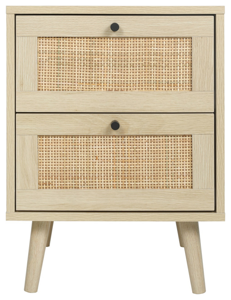 Rattan Nightstand, Bedside Table With 2 Rattan Drawers Natural Modern