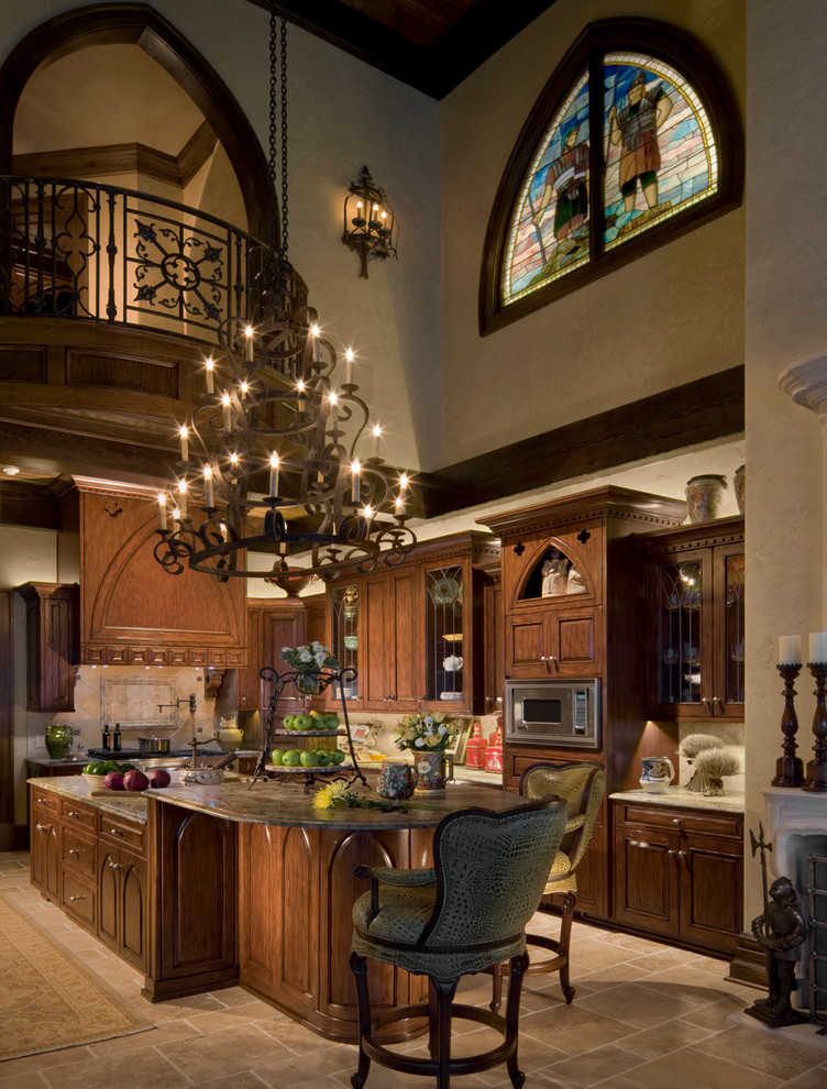 Photo of a large traditional u-shaped eat-in kitchen in Charlotte with raised-panel cabinets, with island, medium wood cabinets and granite benchtops.