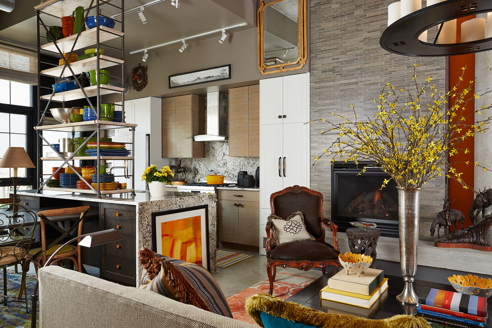 Example of a trendy formal and open concept concrete floor living room design in Minneapolis with gray walls, a standard fireplace and a tile fireplace