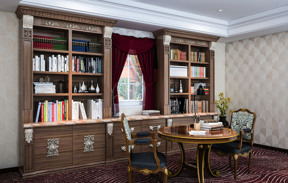 Large traditional study room in Los Angeles with carpet and a freestanding desk.