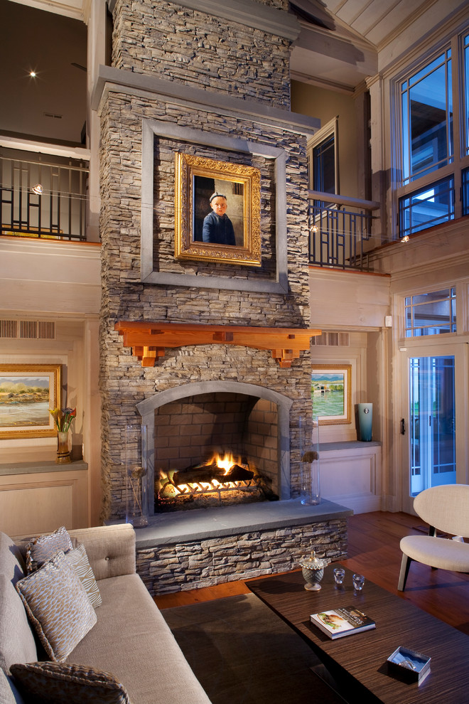 Large Stacked Stone Fireplace with Wood Mantle and Stone ...