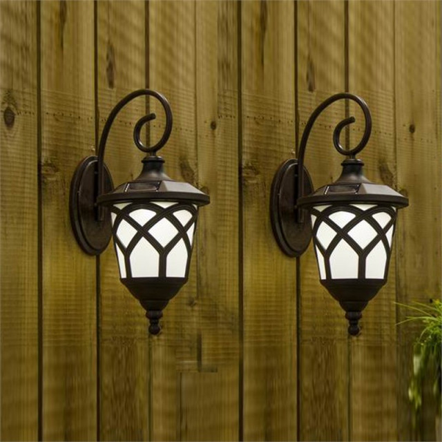 LuxenHome Set of 2 Brown Plastic Hanging Lanterns Solar Sconces