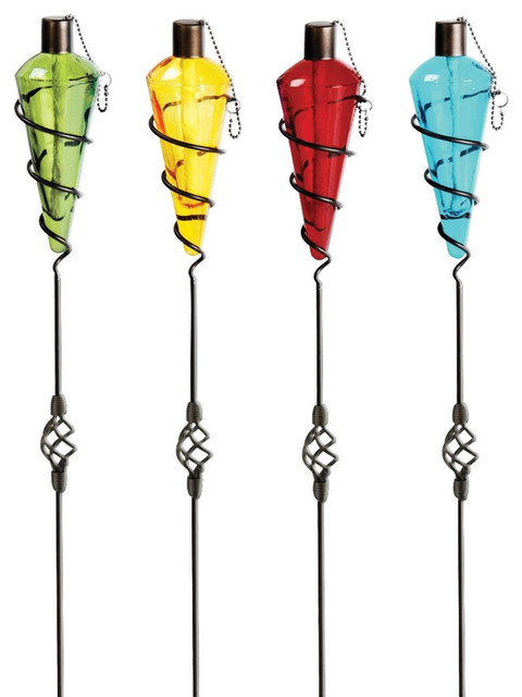 Assorted Color Outdoor Glass Tiki Torch Light Metal Stand Set Of 4 Assorted Color Outdoor Glass Tiki Torch Light Metal Stand Set Of 4