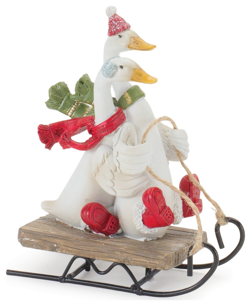 Sledding Holiday Goose Figurine, Set of 4