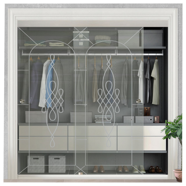 2-Leaf Sliding Closet Bypass Glass Door With Desing, 30" X 80", Non Private