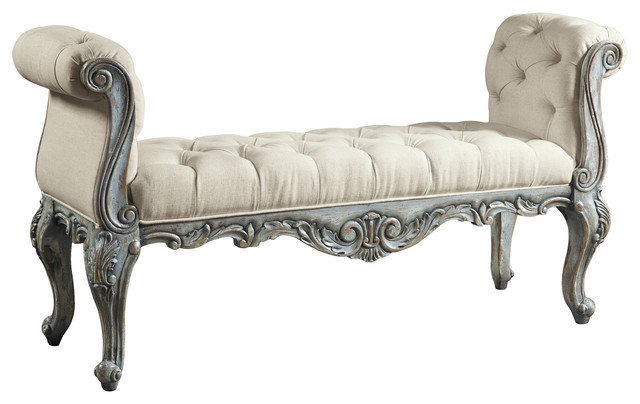 Pulaski White Tufted Upholstered Arm Bench Farmhouse