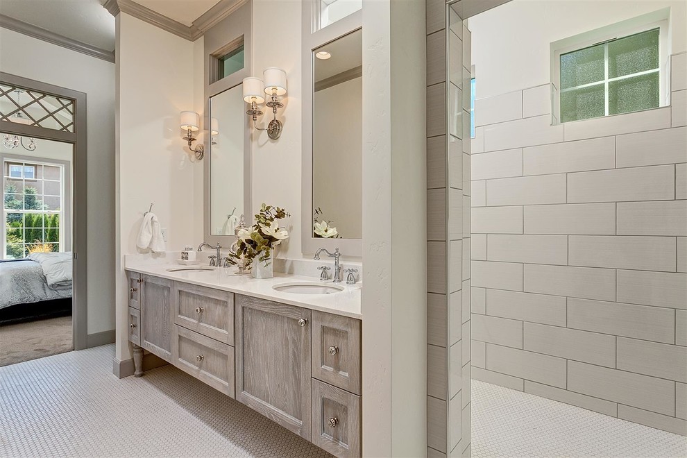 Design ideas for a large traditional master bathroom in Boise with an undermount sink, shaker cabinets, gray tile, white walls, mosaic tile floors, light wood cabinets, an open shower, porcelain tile, engineered quartz benchtops and an open shower.