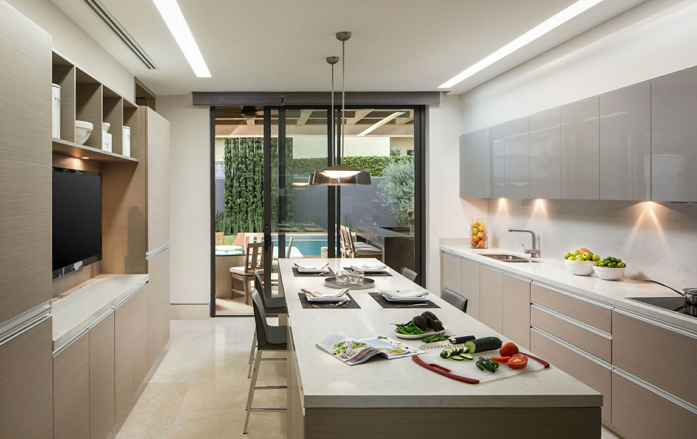 Mid-sized contemporary separate kitchen in Other with with island.