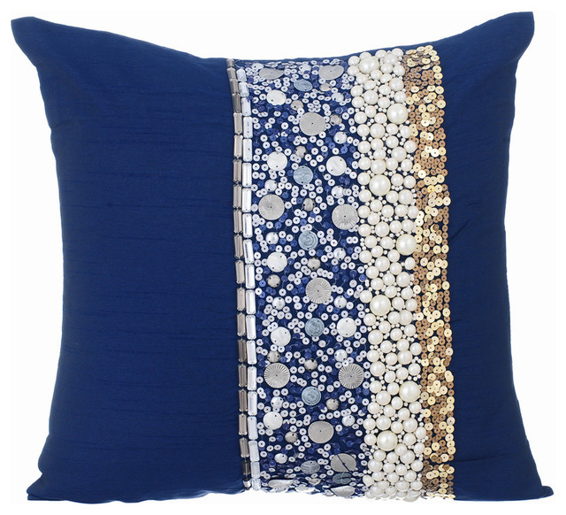 Sequins 16 X16 Silk Navy Blue Pillows Cover Ornamental Glory Sequins 16 X16 Silk Navy Blue Pillows Cover Ornamental Glory Contemporary Decorative By The Homecentric