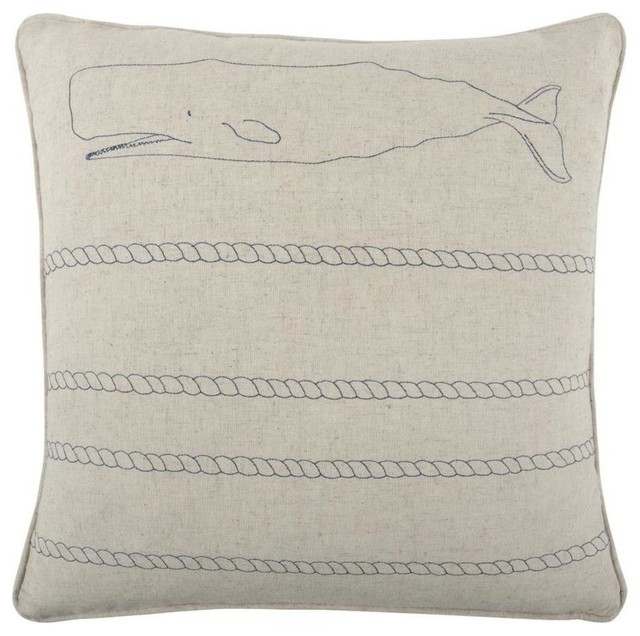 Scrimshaw Whale/Rope Embroidered Flax Pillow