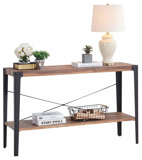 Rustic 2 Tier Sofa Tablein Mdf And Metal Legs Open Shelf Brown Rustic 2 Tier Sofa Tablein Mdf And