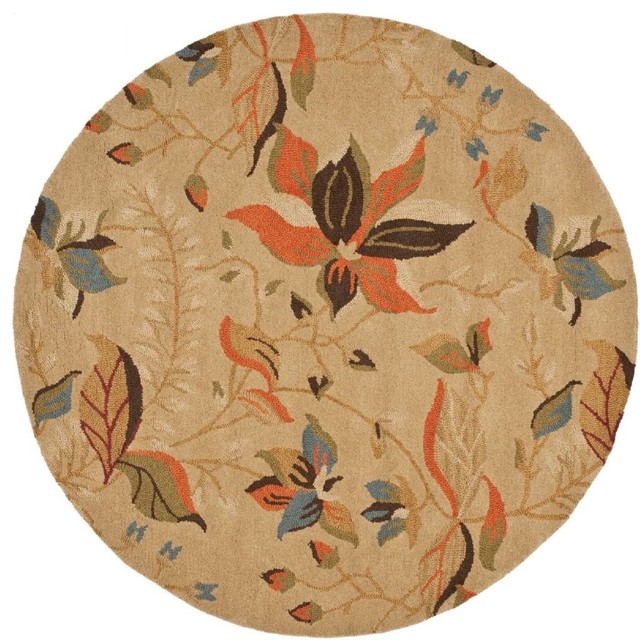 Country & Floral Blossom Area Rug, Beige, Multi Color, Round 6'