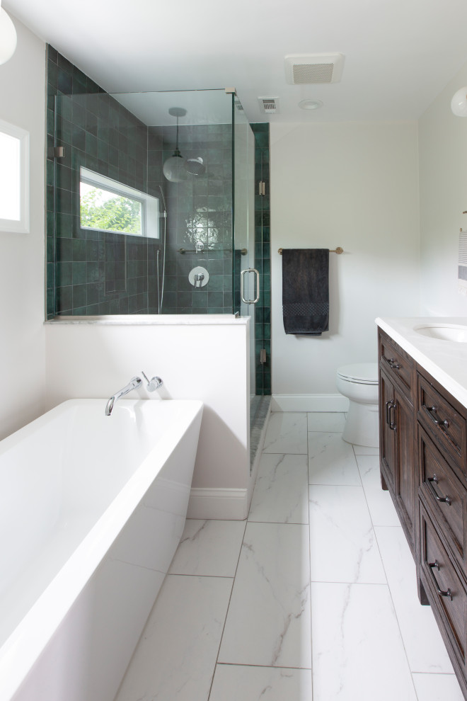 Inspiration for a small midcentury master bathroom in DC Metro with beaded inset cabinets, a corner shower, porcelain floors, a hinged shower door, a double vanity and a built-in vanity.