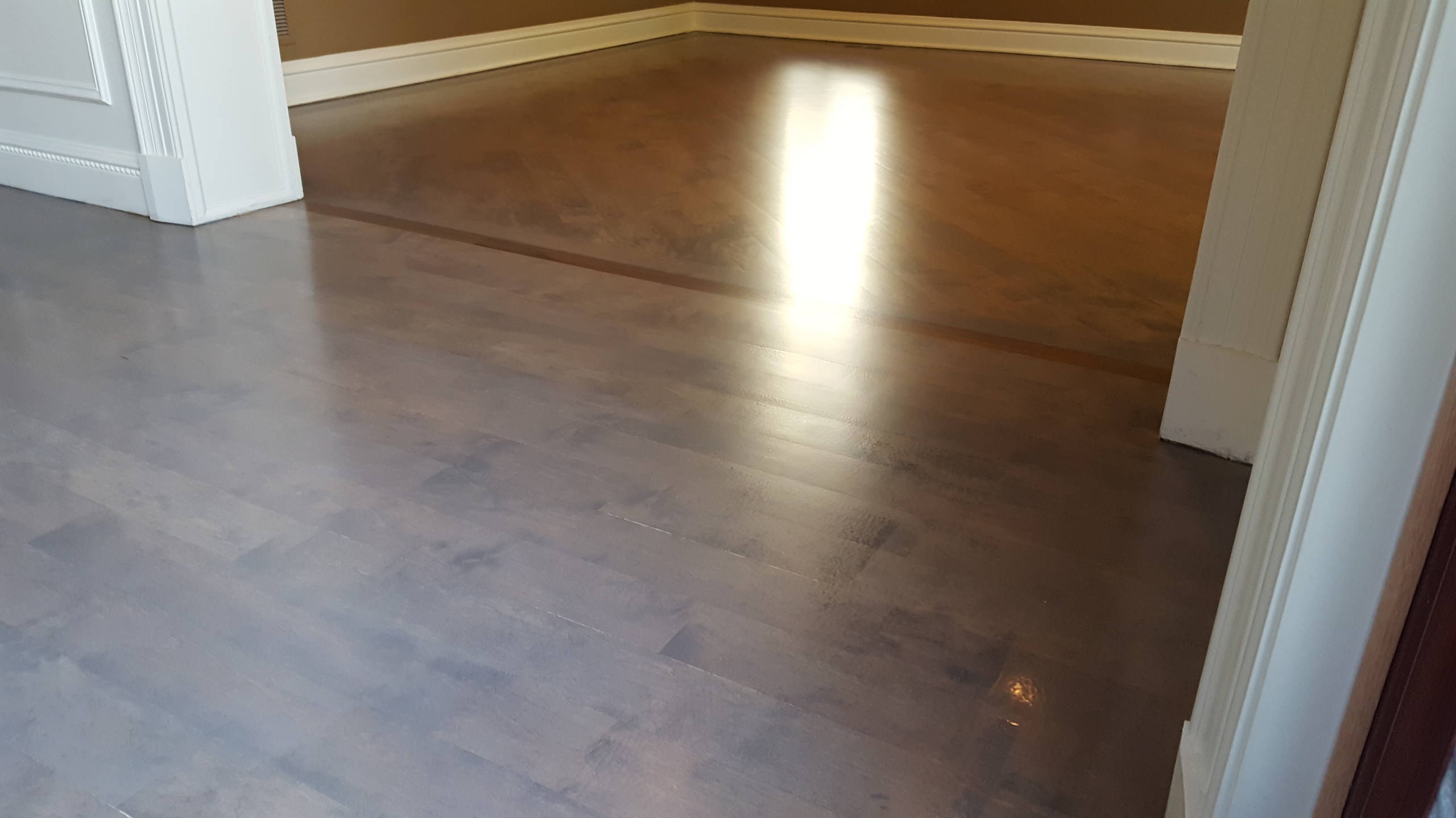 3 and 1/4 maple Classic Gray stain from Minwax , 4 coats satin water base finish