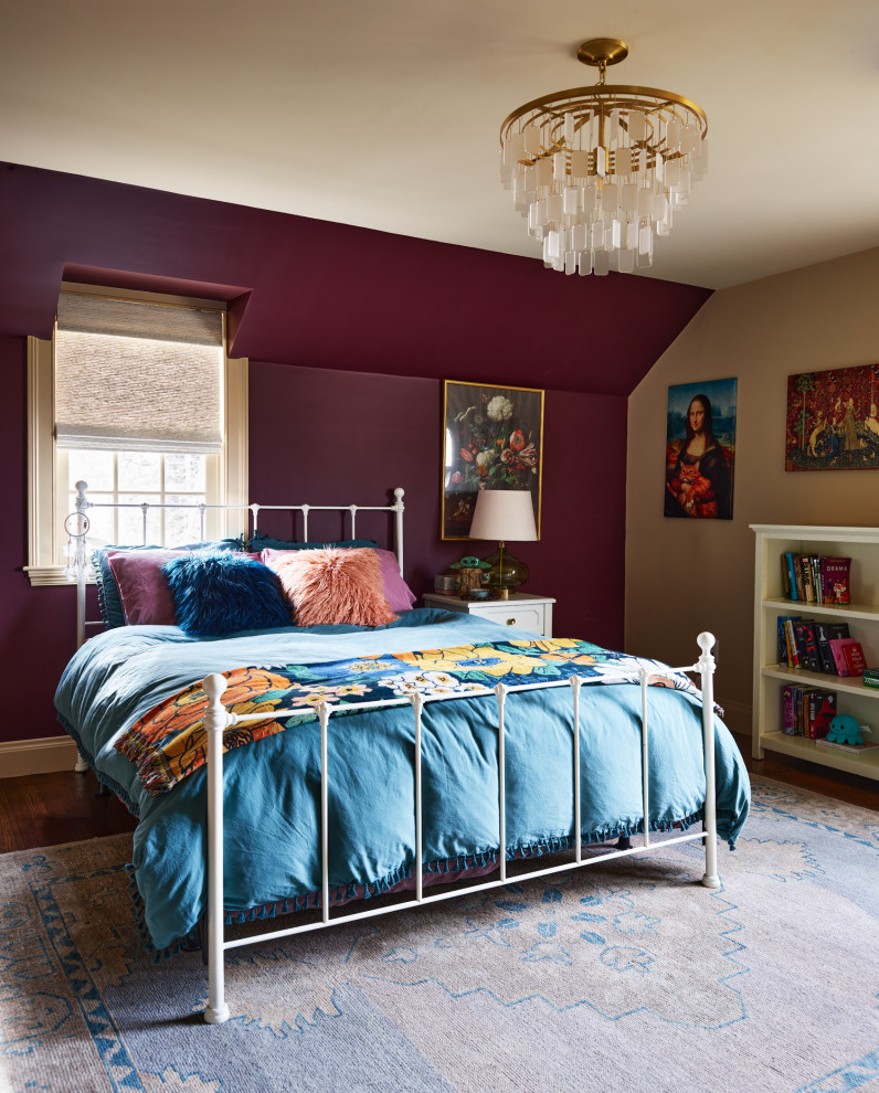 Design ideas for a large modern guest bedroom in Boston with purple walls, dark hardwood flooring and brown floors.