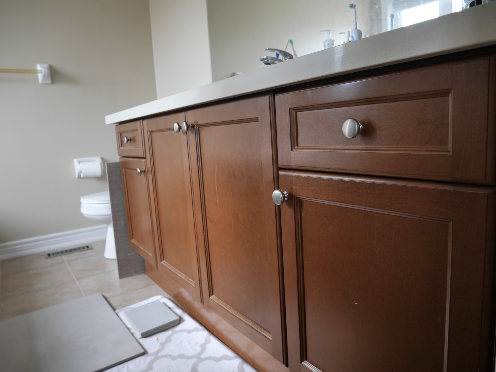 Mid-sized transitional master gray tile single-sink bathroom photo in Toronto with shaker cabinets, white cabinets, quartz countertops, white countertops and a freestanding vanity