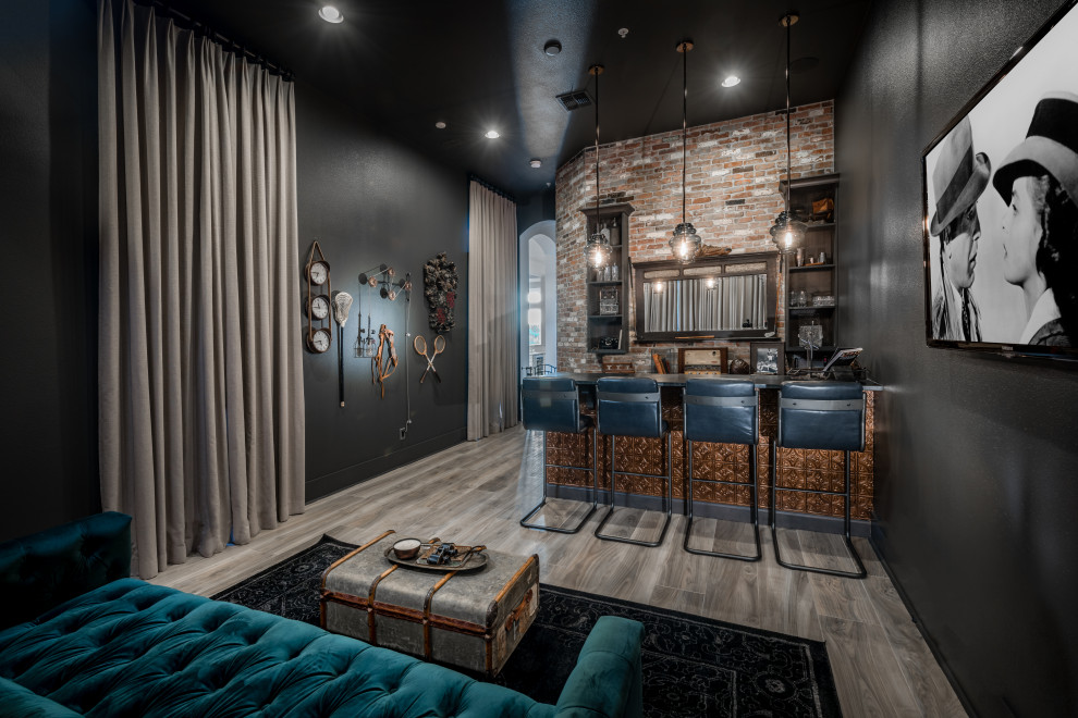 Home bar - industrial galley brick floor and gray floor home bar idea in Orlando with red backsplash and brick backsplash