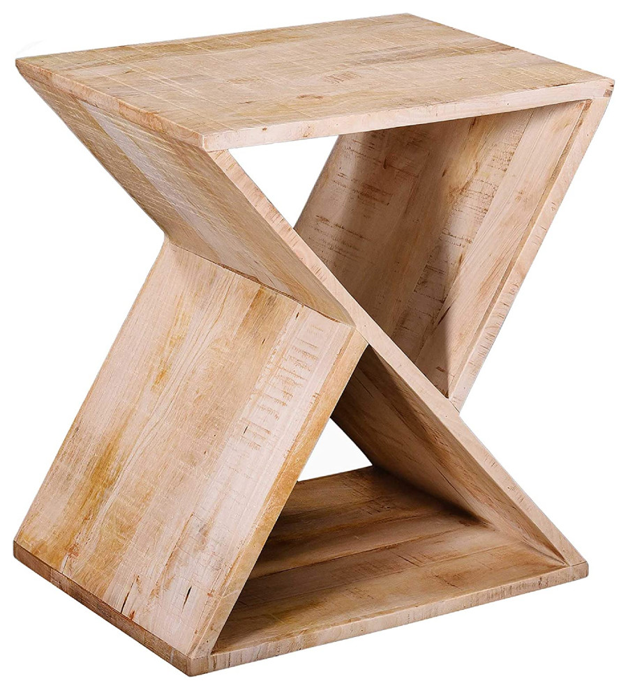 Rustic End Table, Z Shaped Body With Geometric Compartments, Brown Finish Industrial Side